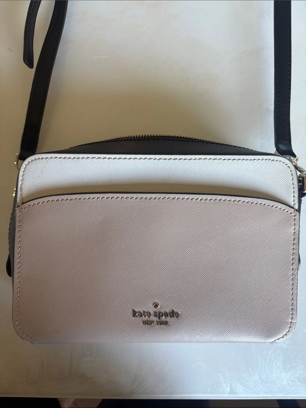 kate spade, Cream, Tan and white White with Black Leather straps Crossbody